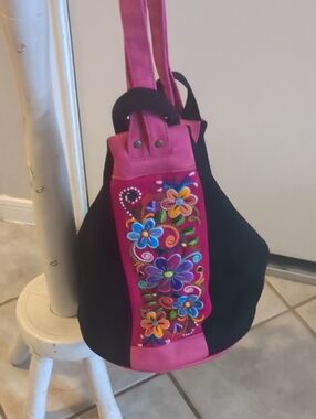 Artisan Style Embroidered Floral Purse/ Backpack in Pink and Black